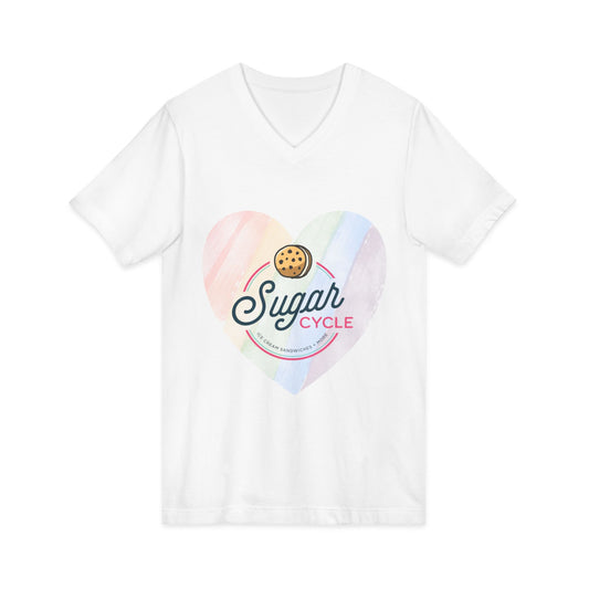 Sugar Cycle Heart V-Neck Tee — Pastel Cookie Logo Shirt