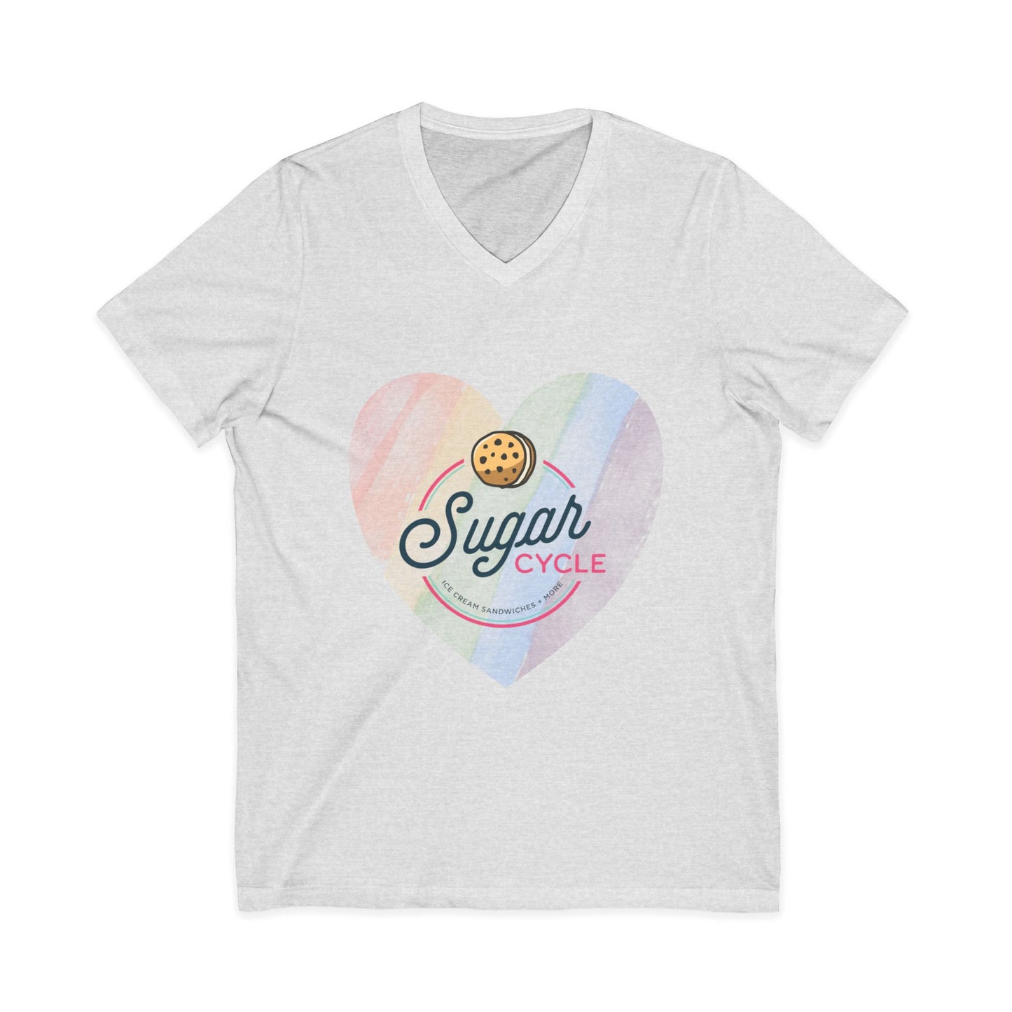 Sugar Cycle Heart V-Neck Tee — Pastel Cookie Logo Shirt