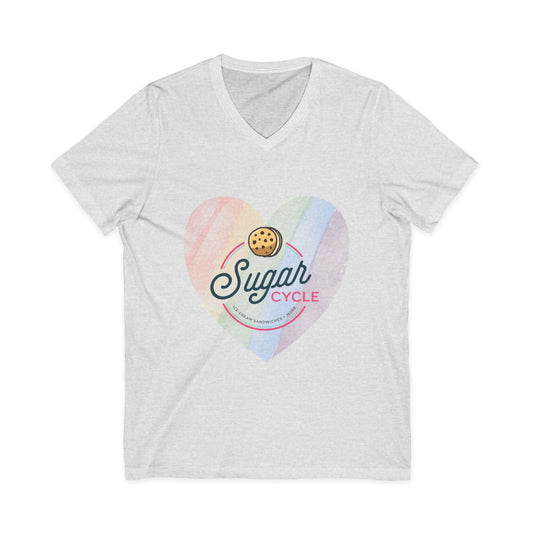 Sugar Cycle Heart V-Neck Tee — Pastel Cookie Logo Shirt