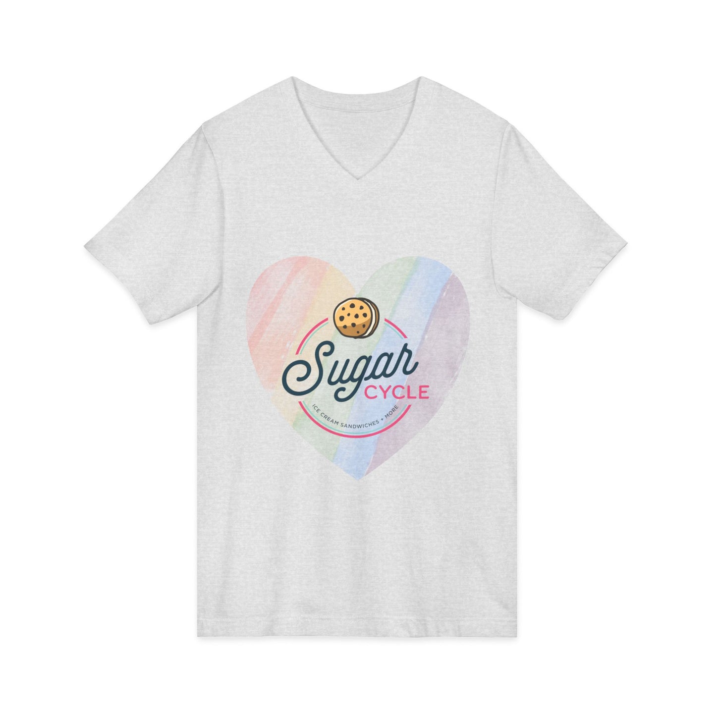 Sugar Cycle Heart V-Neck Tee — Pastel Cookie Logo Shirt