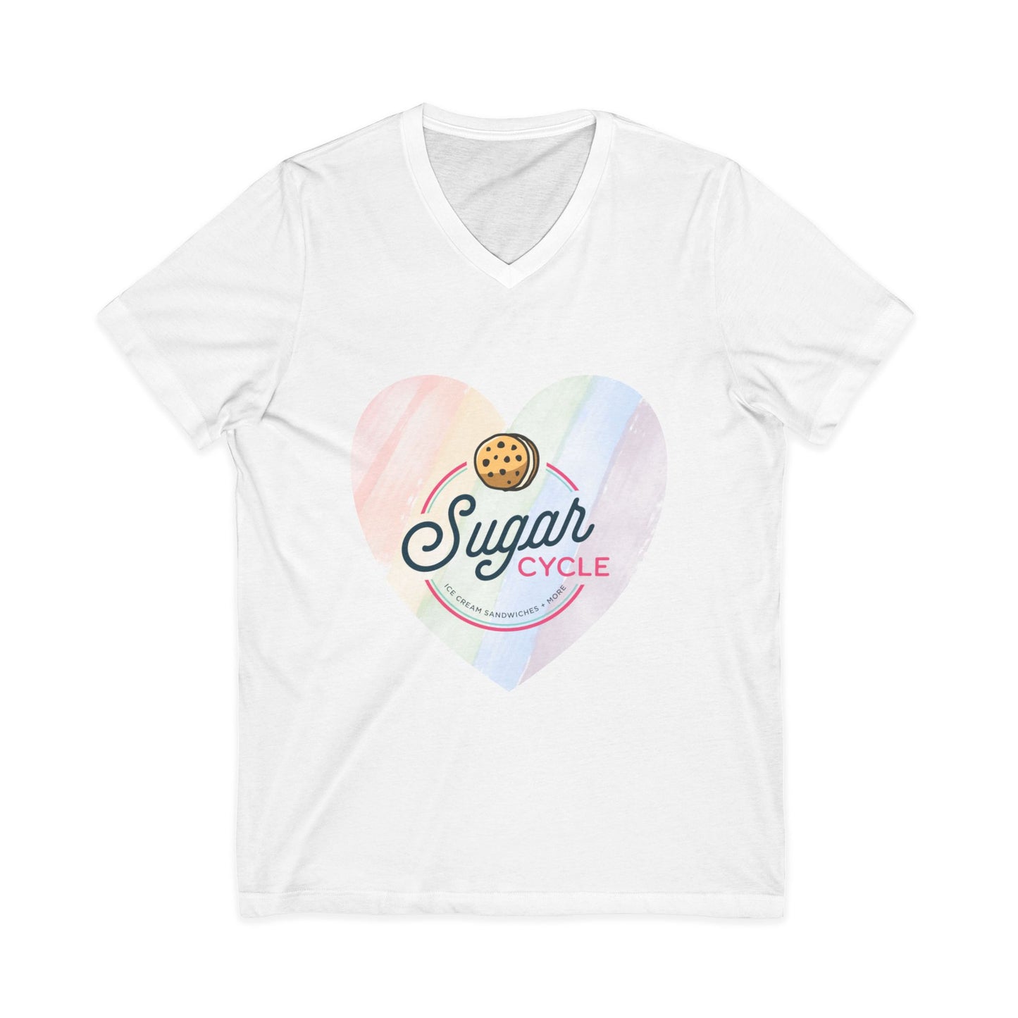 Sugar Cycle Heart V-Neck Tee — Pastel Cookie Logo Shirt
